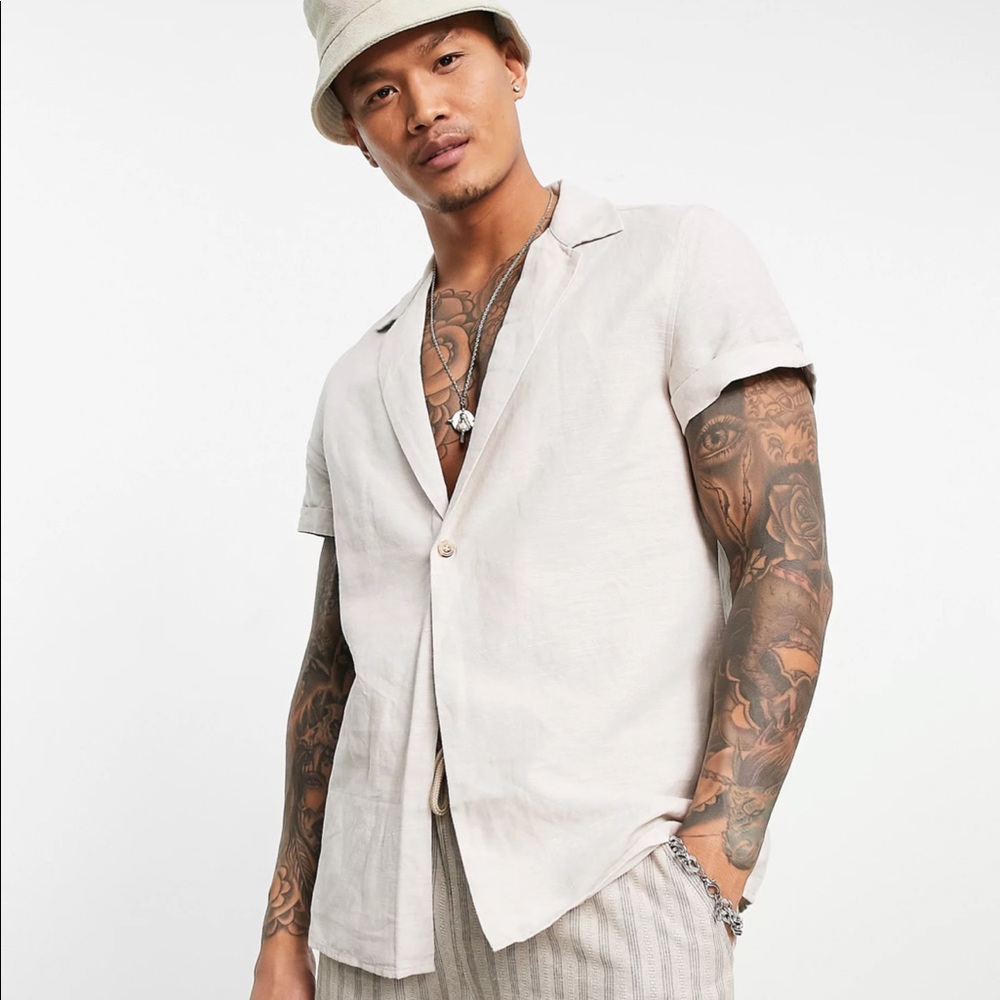 ASOS DESIGN regular linen shirt with low deep revere in stone